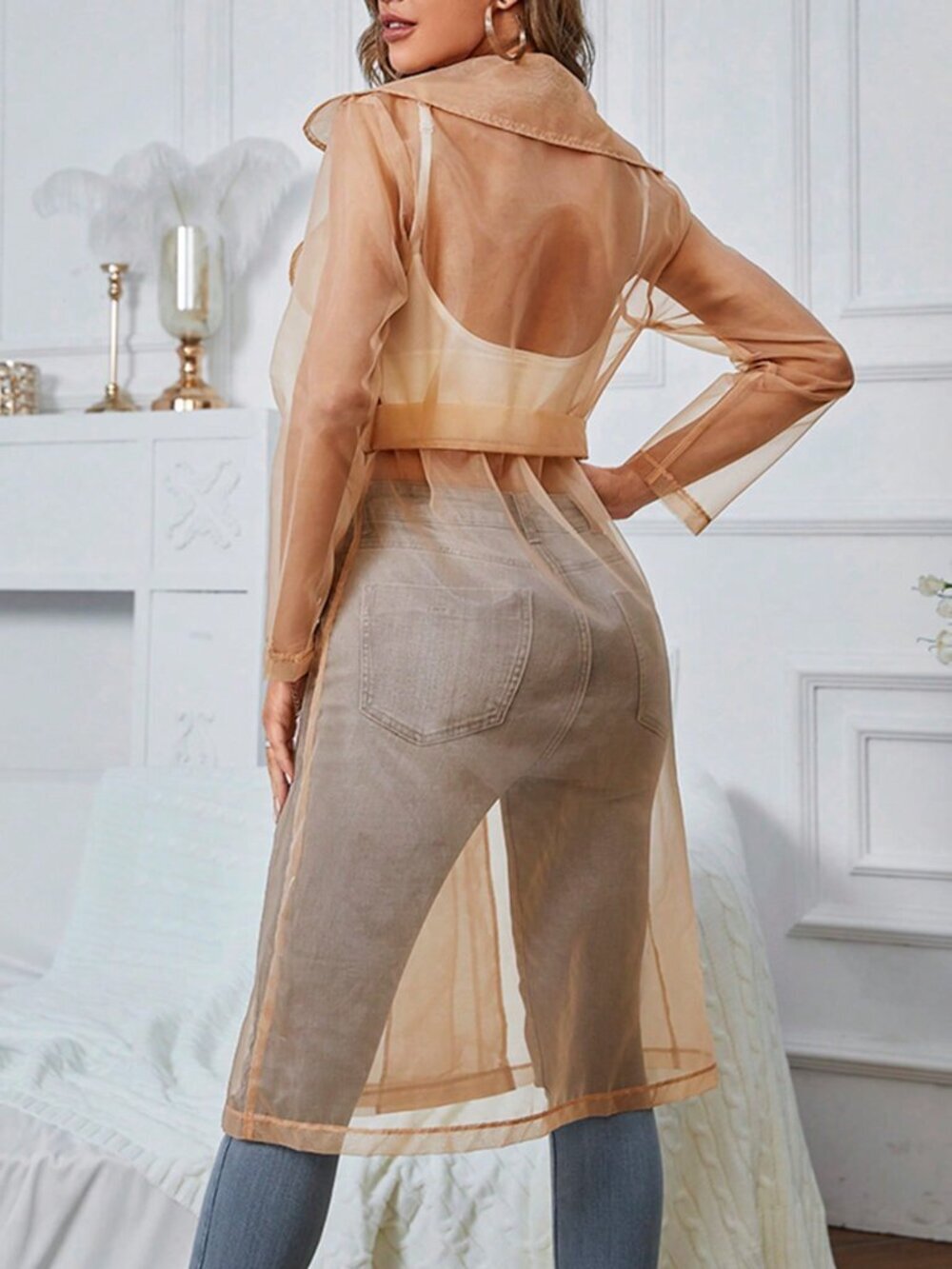 Apricot Casual Women's Sheer Mesh Long Transparent Tie-Front Windbreaker - Picture 2 of 5